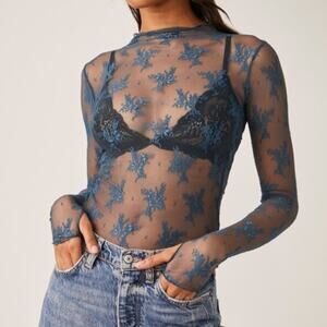 Women´s Ugerlov Lace See Through Mesh Layering Teal Long Sleeve Top Size XL